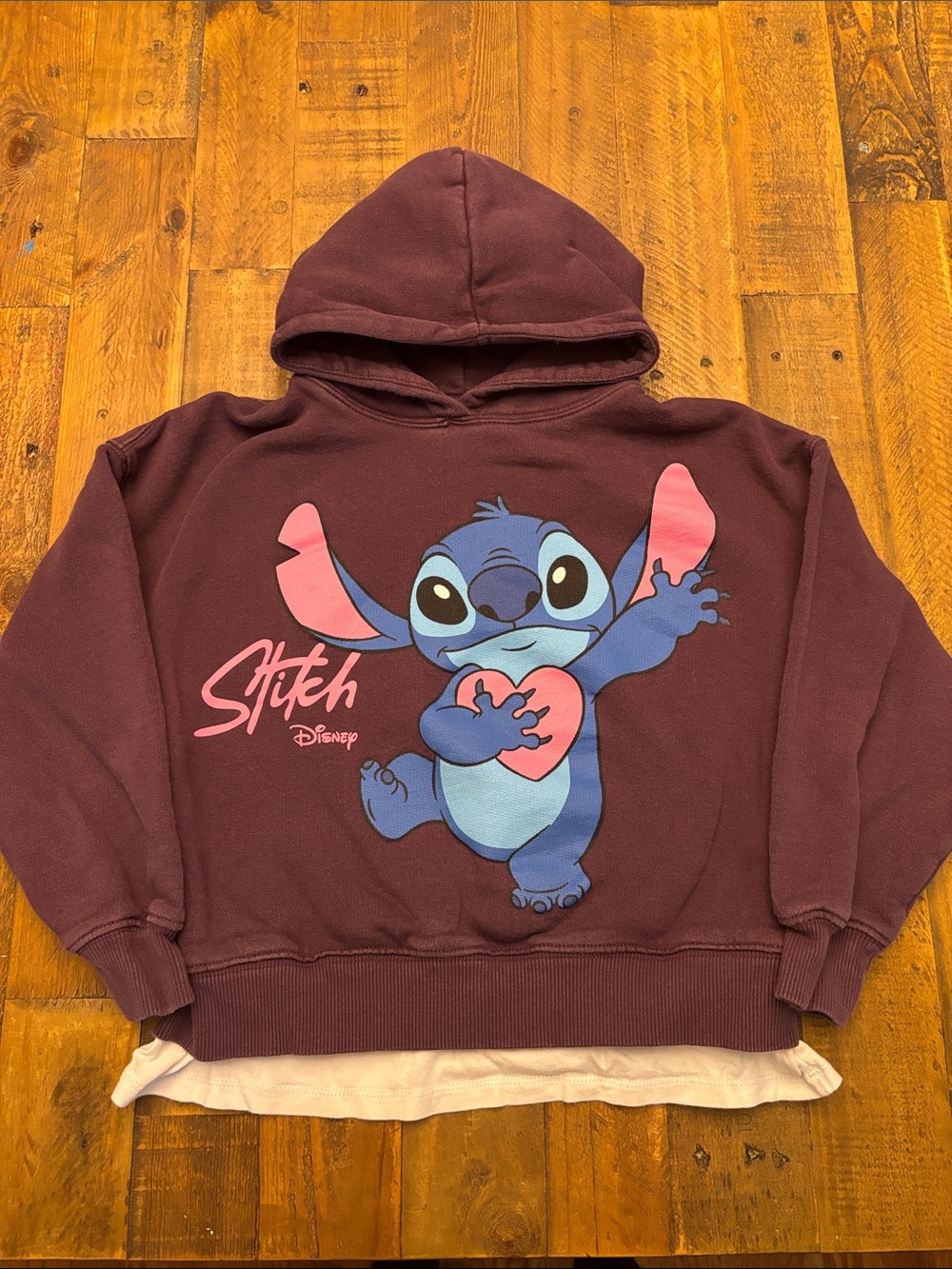 Zara Disney Maroon Hoodie with Pink and Blue Stitch Graphic